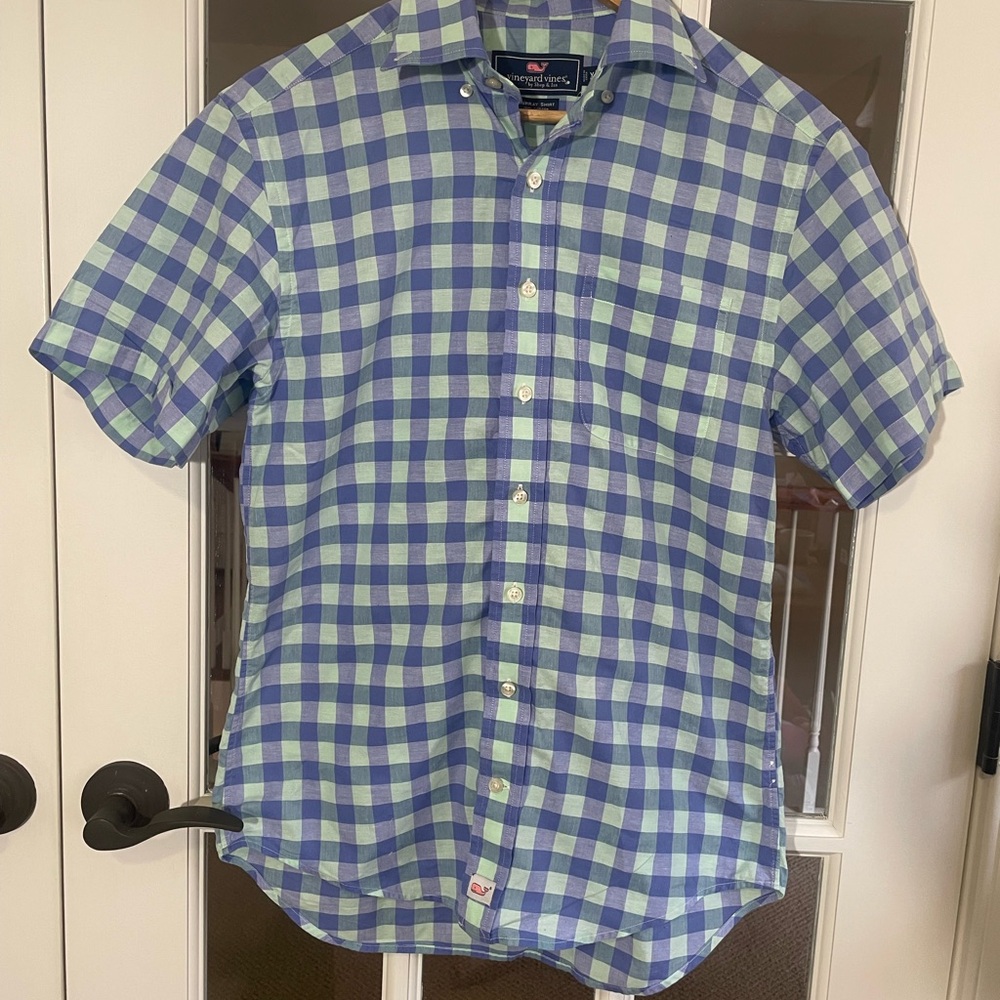 Vineyard Vines Murray Short-Sleeve Check Button-Down in Blue and Light Green